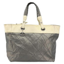 CHANEL Paris Biarritz GM Tote Bag Coated Canvas Gray Silver CC Auth bs34403-13