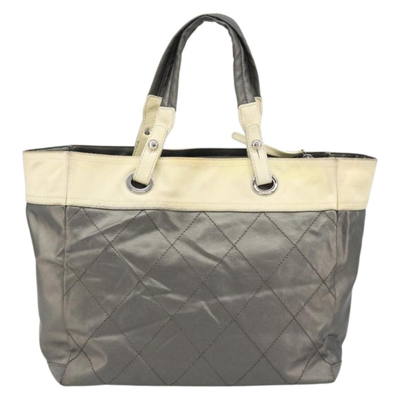 CHANEL Paris Biarritz GM Tote Bag Coated Canvas Gray Silver CC Auth bs34403