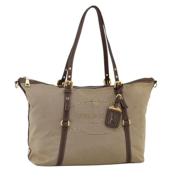 PRADA Tote Bag Canvas Beige Gold Auth bs34420