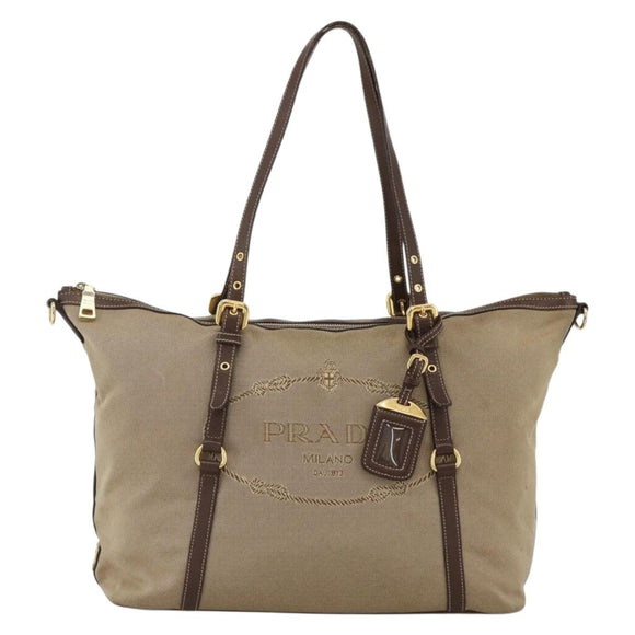 PRADA Tote Bag Canvas Beige Gold Auth bs34420