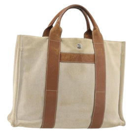 HERMES Sac Arne MM Hand Bag Canvas Beige Silver Auth bs34423