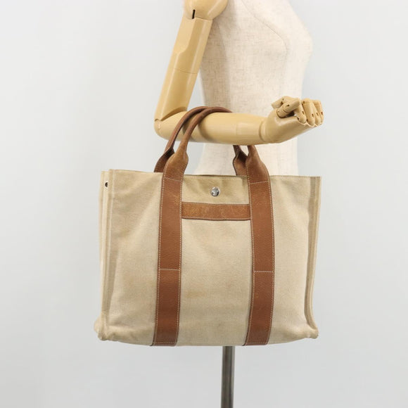 HERMES Sac Arne MM Hand Bag Canvas Beige Silver Auth bs34423