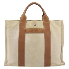 HERMES Sac Arne MM Hand Bag Canvas Beige Silver Auth bs34423 - 0