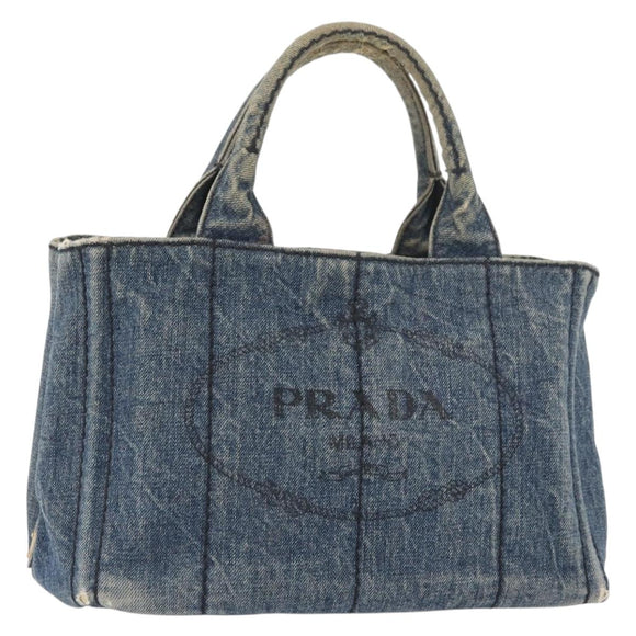PRADA Canapa PM Hand Bag Denim Blue Gold Auth bs34435