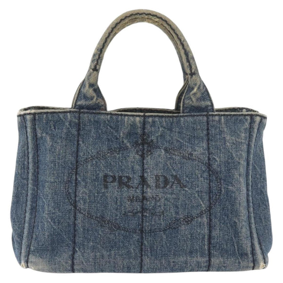 PRADA Canapa PM Hand Bag Denim Blue Gold Auth bs34435