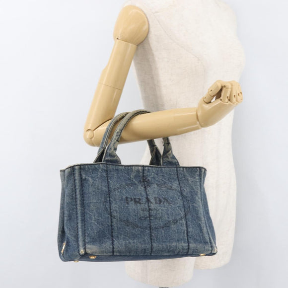 PRADA Canapa PM Hand Bag Denim Blue Gold Auth bs34435