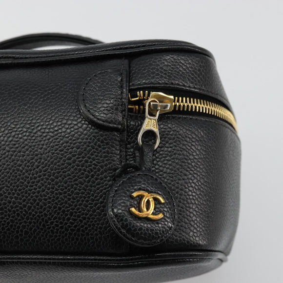 CHANEL Vanity Pouch Caviar Skin Black Gold CC Auth bs34489
