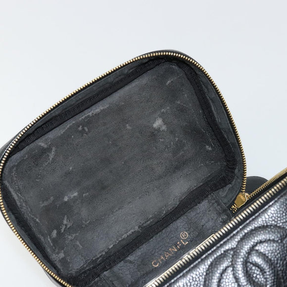 CHANEL Vanity Pouch Caviar Skin Black Gold CC Auth bs34489