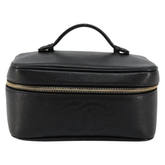 CHANEL Vanity Pouch Caviar Skin Black Gold CC Auth bs34489