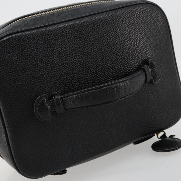 CHANEL Vanity Pouch Caviar Skin Black Gold CC Auth bs34489