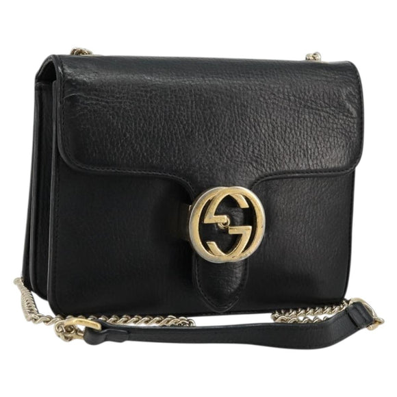 GUCCI Chain Shoulder Bag Leather Black Gold 510304 Auth bs34494