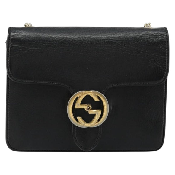 GUCCI Chain Shoulder Bag Leather Black Gold 510304 Auth bs34494