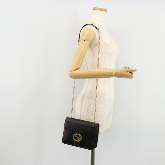GUCCI Chain Shoulder Bag Leather Black Gold 510304 Auth bs34494