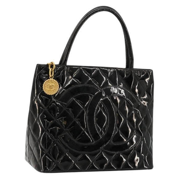 CHANEL Matelasse Reprint Tote Bag Patent leather Black Gold CC Auth bs34512A