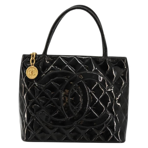 CHANEL Matelasse Reprint Tote Bag Patent leather Black Gold CC Auth bs34512A