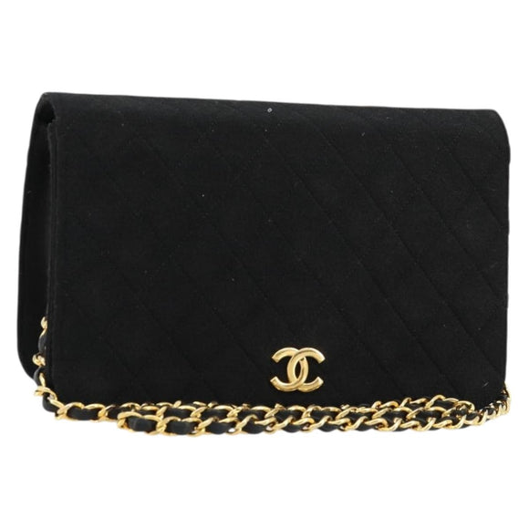 CHANEL Matelasse Chain Shoulder Bag Cotton Black Gold CC Auth bs34514