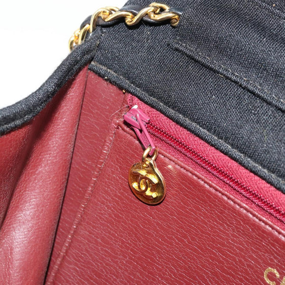 CHANEL Matelasse Chain Shoulder Bag Cotton Black Gold CC Auth bs34514