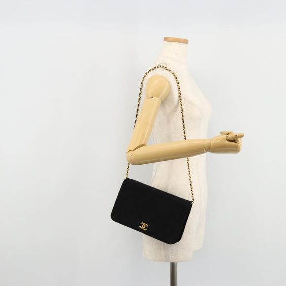 CHANEL Matelasse Chain Shoulder Bag Cotton Black Gold CC Auth bs34514