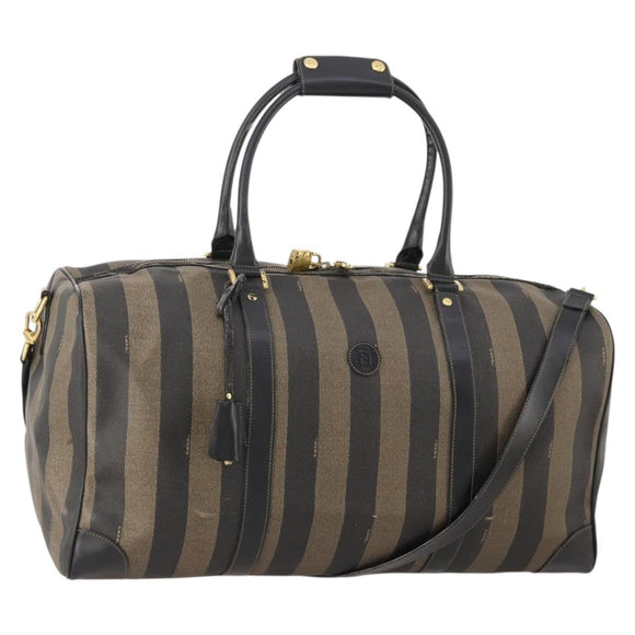 FENDI Pecan Canvas Boston Bag PVC 2way Brown Black Auth bs34526