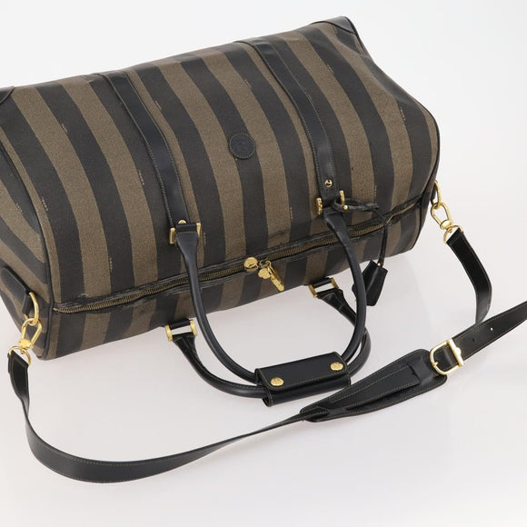 FENDI Pecan Canvas Boston Bag PVC 2way Brown Black Auth bs34526