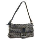 FENDI Zucchino Canvas Mamma Baguette Shoulder Bag Navy Silver Auth bs34528-1