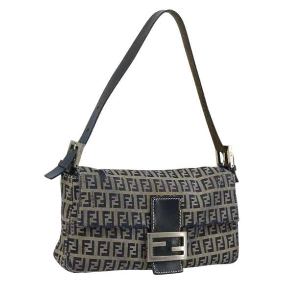 FENDI Zucchino Canvas Mamma Baguette Shoulder Bag Navy Silver Auth bs34528