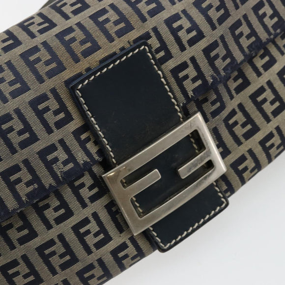 FENDI Zucchino Canvas Mamma Baguette Shoulder Bag Navy Silver Auth bs34528