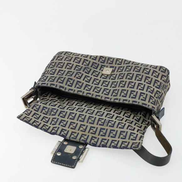 FENDI Zucchino Canvas Mamma Baguette Schoudertas Marine Zilver Auth bs34528