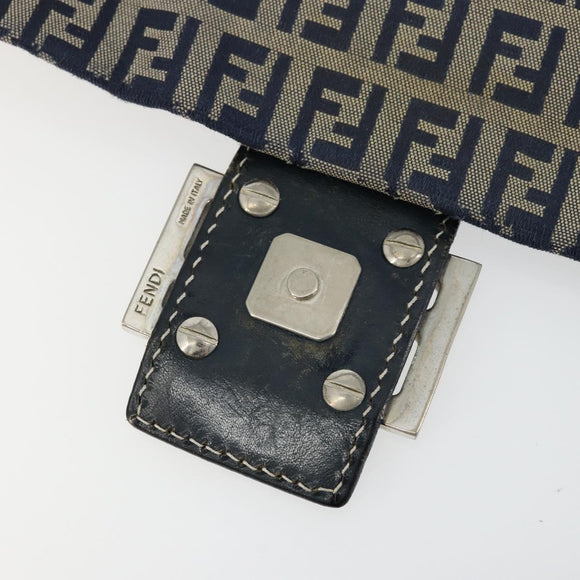 FENDI Zucchino Canvas Mamma Baguette Shoulder Bag Navy Silver Auth bs34528