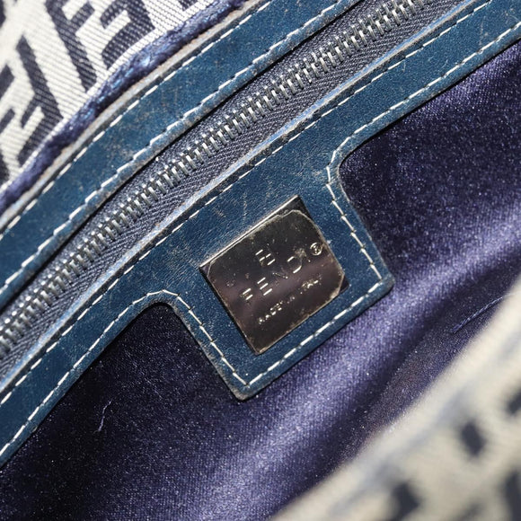 FENDI Zucchino Canvas Mamma Baguette Schoudertas Marine Zilver Auth bs34528