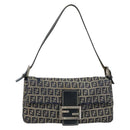 FENDI Zucchino Canvas Mamma Baguette Shoulder Bag Navy Silver Auth bs34528-13