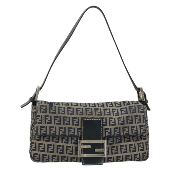 FENDI Zucchino Canvas Mamma Baguette Shoulder Bag Navy Silver Auth bs34528