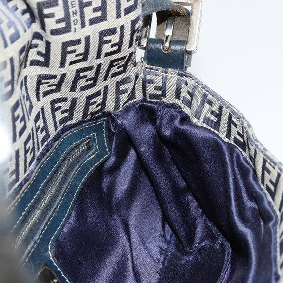 FENDI Zucchino Canvas Mamma Baguette Schoudertas Marine Zilver Auth bs34528