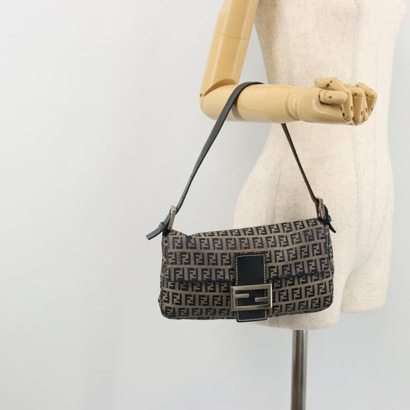FENDI Zucchino Canvas Mamma Baguette Shoulder Bag Navy Silver Auth bs34528