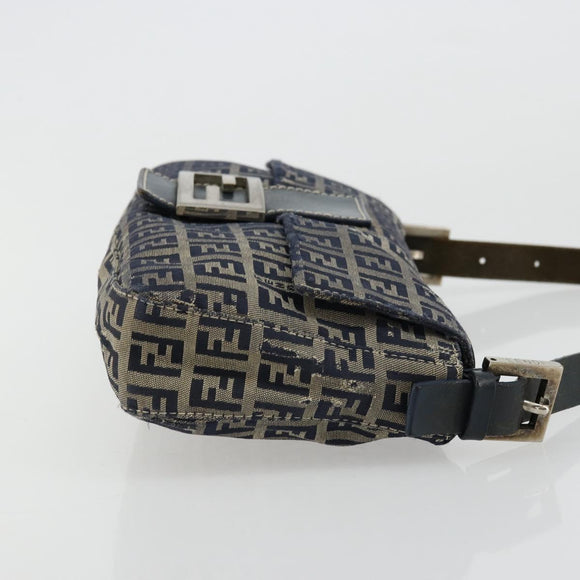 FENDI Zucchino Canvas Mamma Baguette Shoulder Bag Navy Silver Auth bs34528