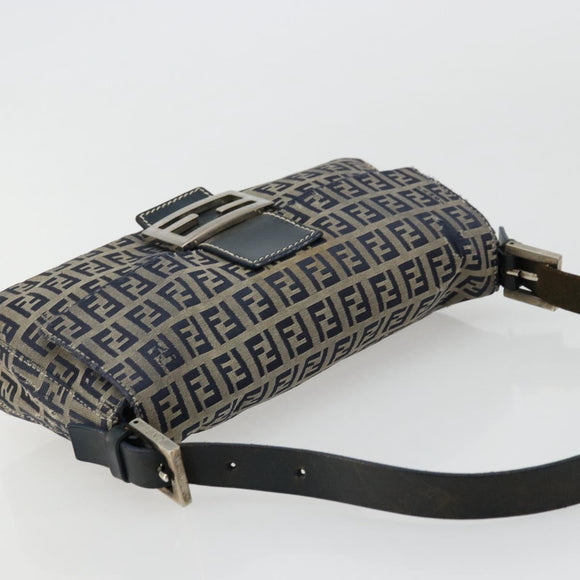 FENDI Zucchino Canvas Mamma Baguette Shoulder Bag Navy Silver Auth bs34528
