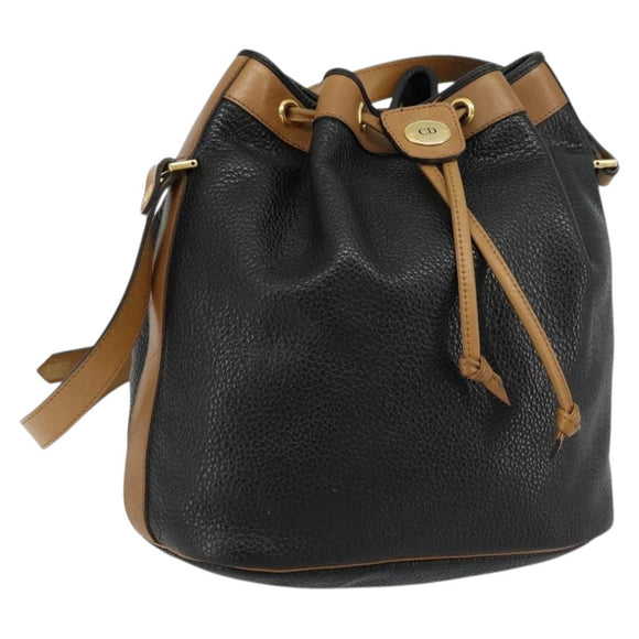 Christian Dior Purse Shoulder Bag Leather Black Gold Auth bs34533