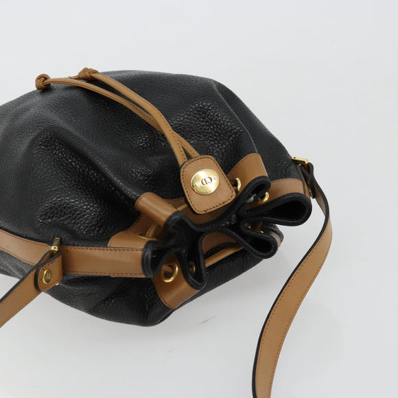 Christian Dior Purse Shoulder Bag Leather Black Gold Auth bs34533
