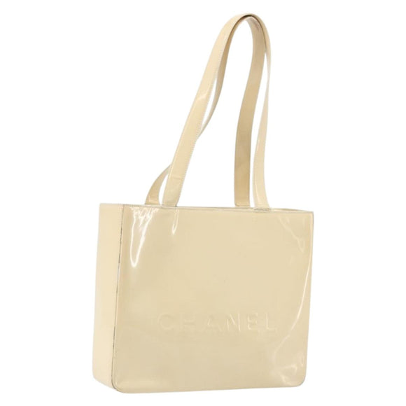 CHANEL Tote Bag Patent leather Ivory Gold CC Auth bs34540