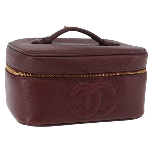 CHANEL Vanity Pouch Caviar Skin Bordeaux Gold CC Auth bs34541