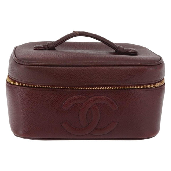 CHANEL Vanity Pouch Caviar Skin Bordeaux Gold CC Auth bs34541