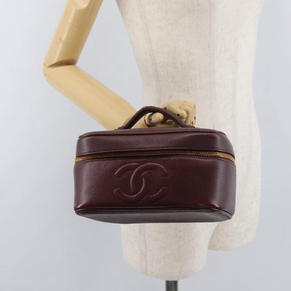 CHANEL Vanity Pouch Caviar Skin Bordeaux Gold CC Auth bs34541