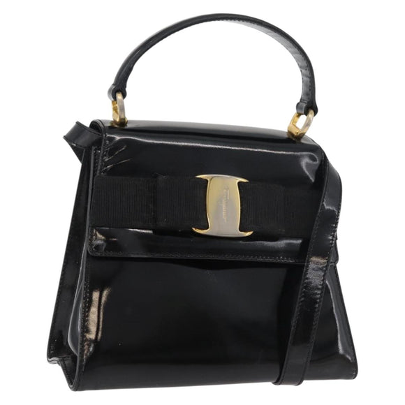 Salvatore Ferragamo Vala Hand Bag Patent leather 2way Black Gold Auth bs34547