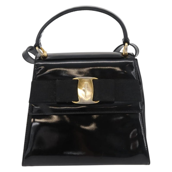 Salvatore Ferragamo Vala Hand Bag Patent leather 2way Black Gold Auth bs34547