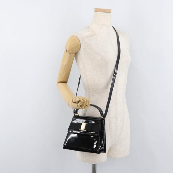 Salvatore Ferragamo Vala Hand Bag Patent leather 2way Black Gold Auth bs34547