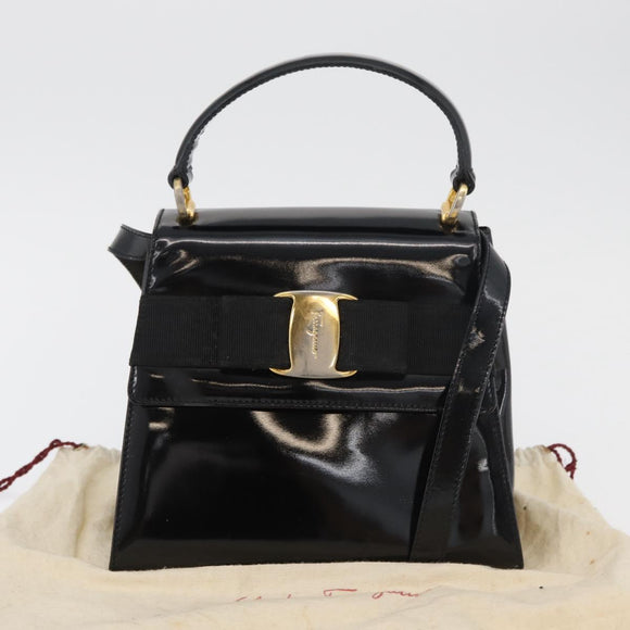 Salvatore Ferragamo Vala Hand Bag Patent leather 2way Black Gold Auth bs34547