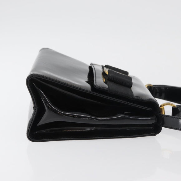 Salvatore Ferragamo Vala Hand Bag Patent leather 2way Black Gold Auth bs34547