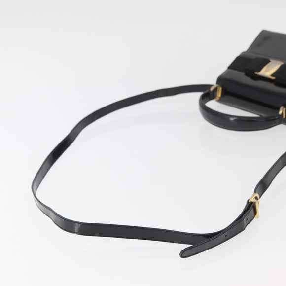 Salvatore Ferragamo Vala Hand Bag Patent leather 2way Black Gold Auth bs34547