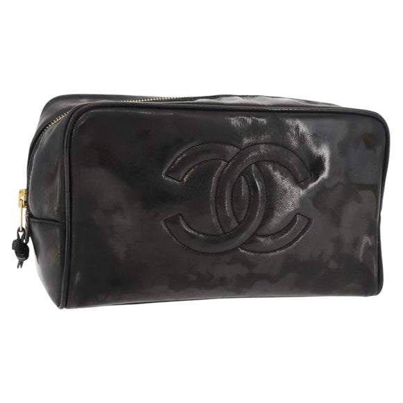 CHANEL Clutch Bag Patent leather Black Gold CC Auth bs34548