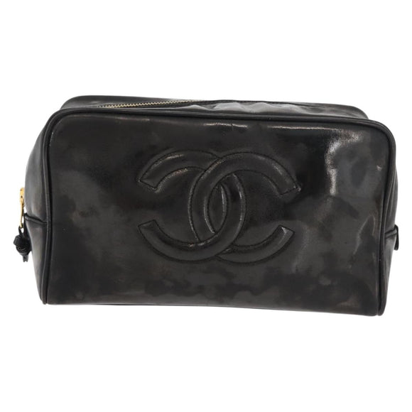 CHANEL Clutch Bag Patent leather Black Gold CC Auth bs34548